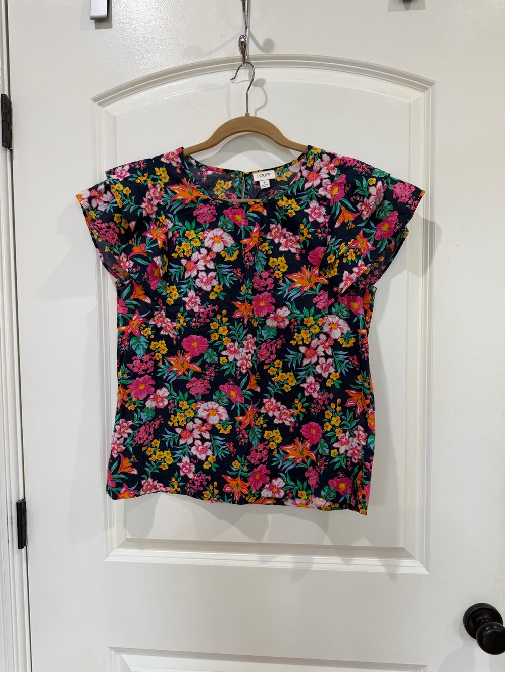J. Crew Factory Navy Floral Flutter-Sleeve Blouse